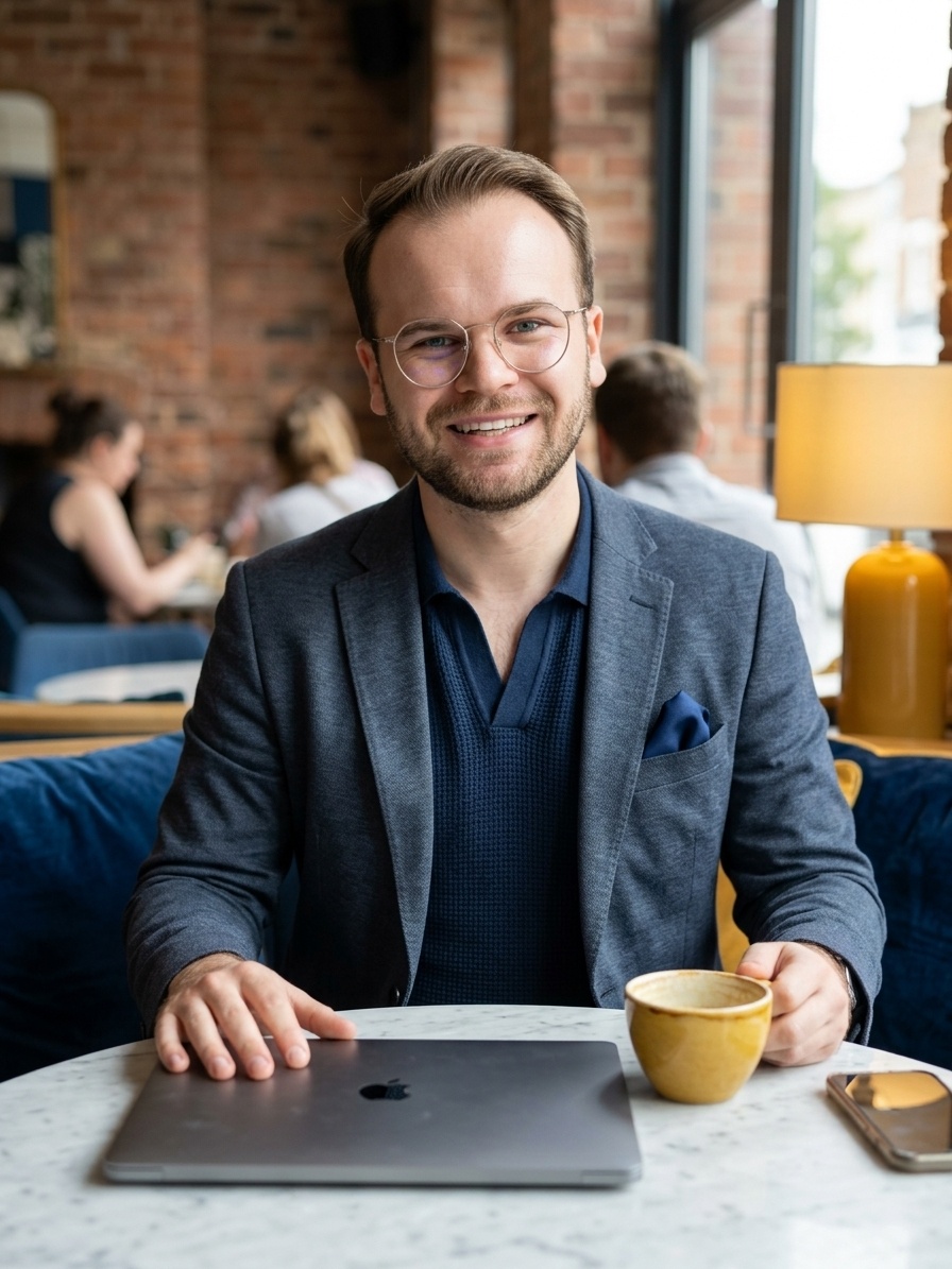Peter Zipper in einer ruhigen Gesprächssituation mit Laptop und Kaffee.