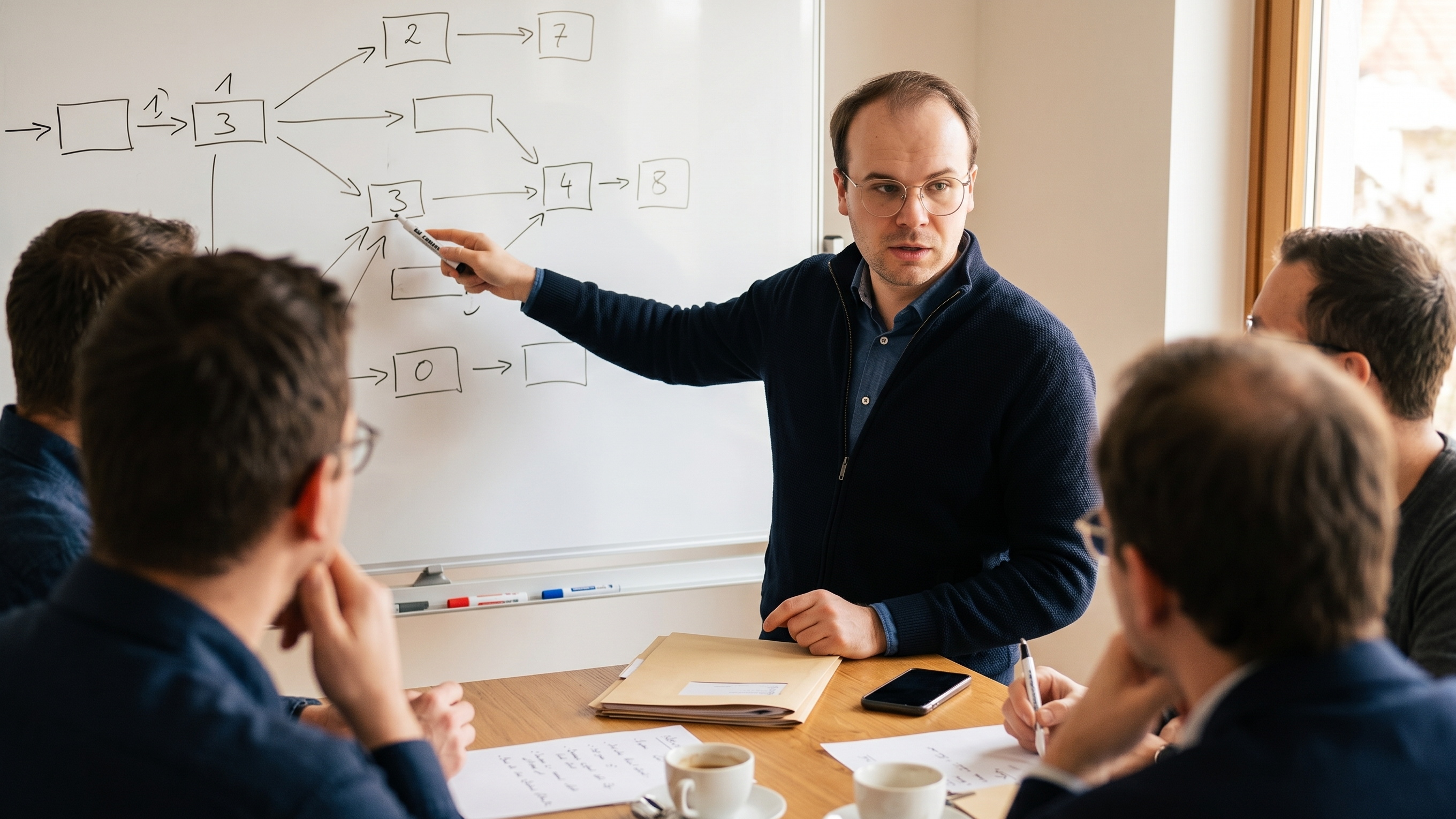 Workshop-Situation mit Peter Zipper vor einem Whiteboard zu Anfrage, Angebot und Follow-up im KMU-Vertrieb.
