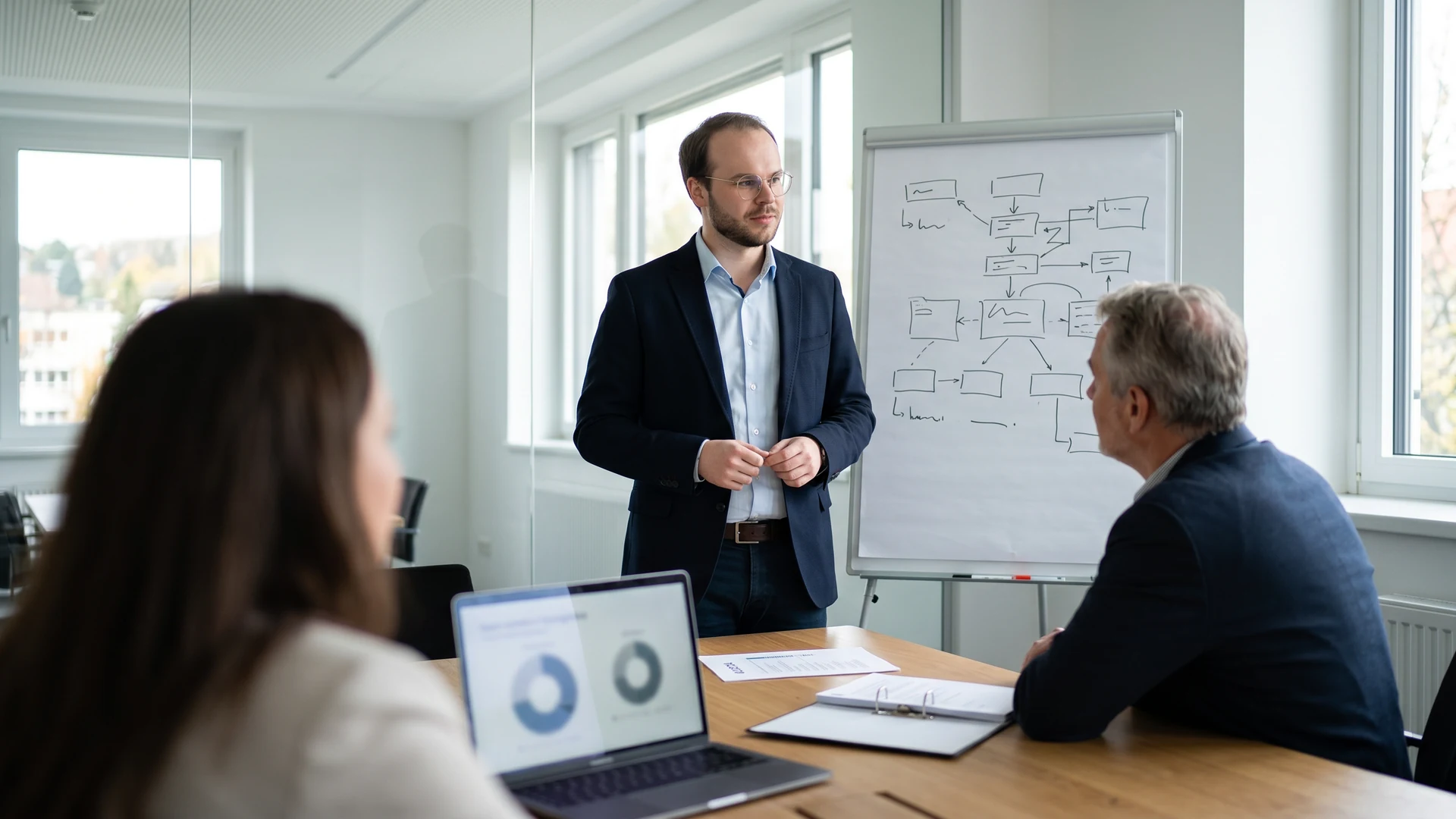 Besprechungsraum mit Strategieunterlagen und Arbeitsmaterialien für eine strukturierte Analyse.