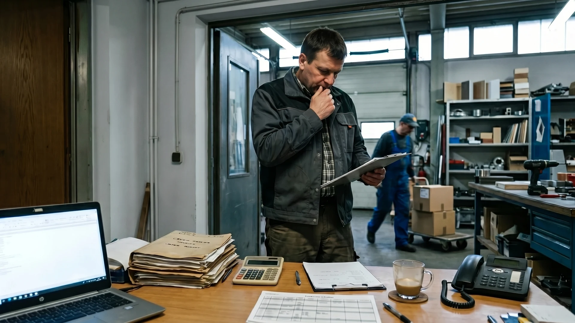 Inhaber in einem kleinen österreichischen Betrieb zwischen Büro, Auftragsunterlagen und Werkstatt.