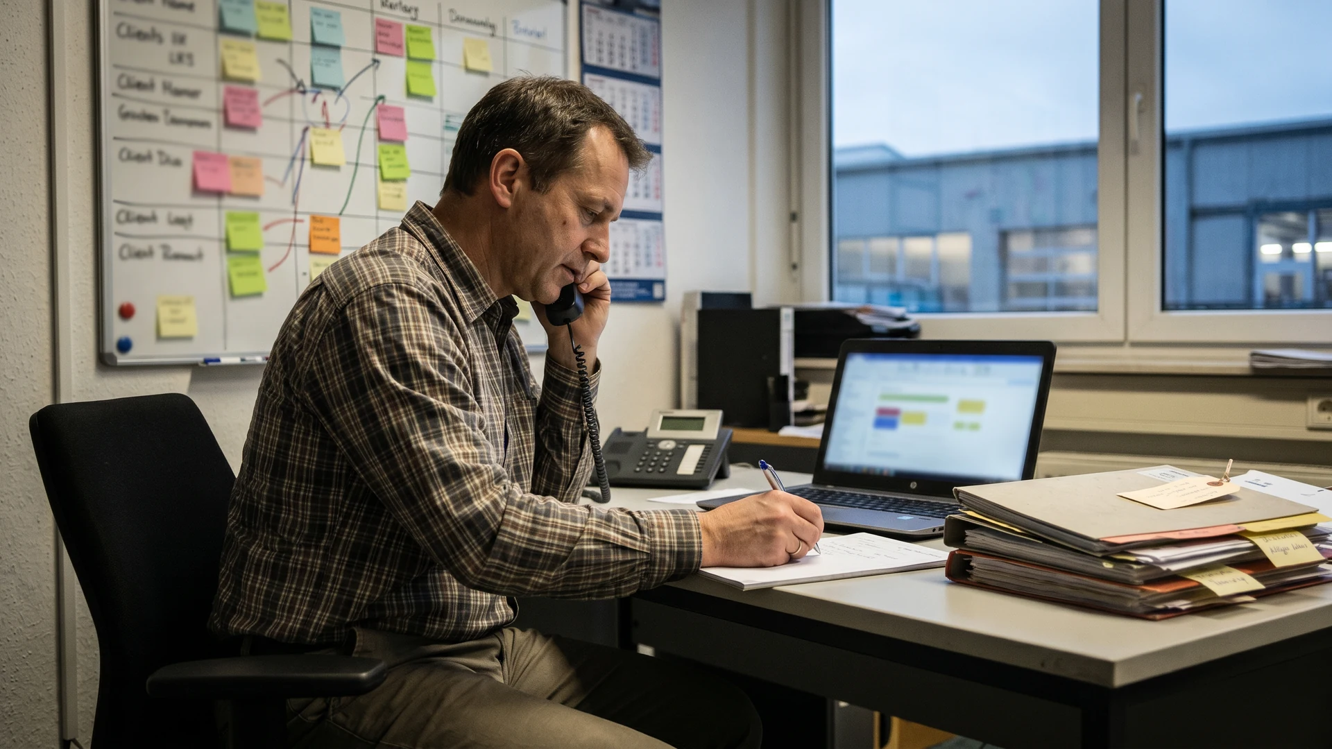 Vertriebsecke mit Whiteboard, offenen Angeboten und Telefonnotizen als reale Follow-up-Situation.