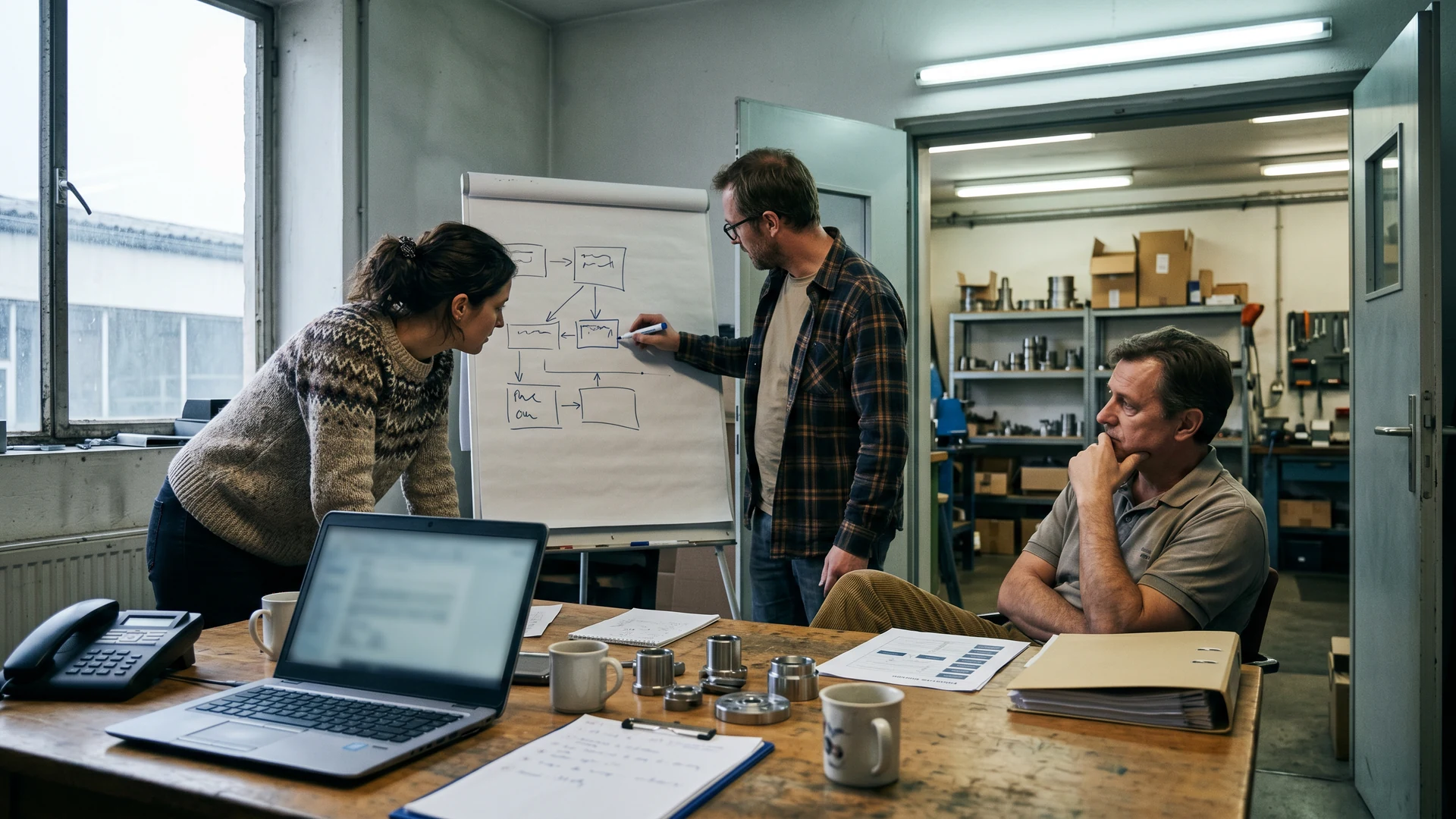 Kleiner Workshop im KMU mit Prozessskizze, Unterlagen und nüchterner Projektprüfung.